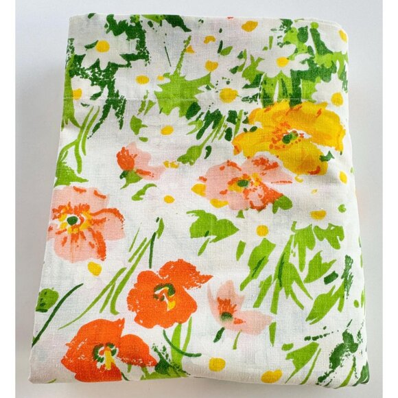 Vintage 70s flat/top sheet, yellow, orange, red flowers, greenery, full size bed - Picture 9 of 9